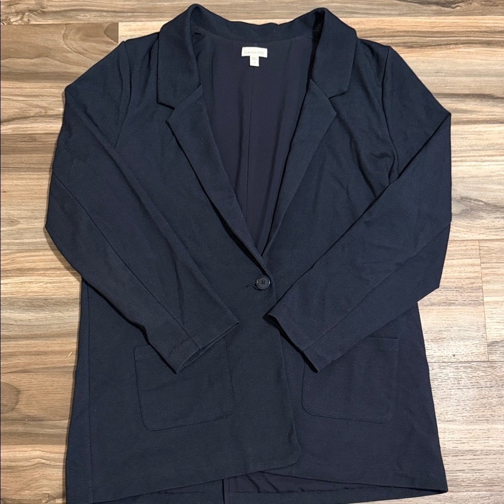 Garnet Hill Knit Relaxed Blazer Women’s Sz.14 Navy Heather Minimalist Career